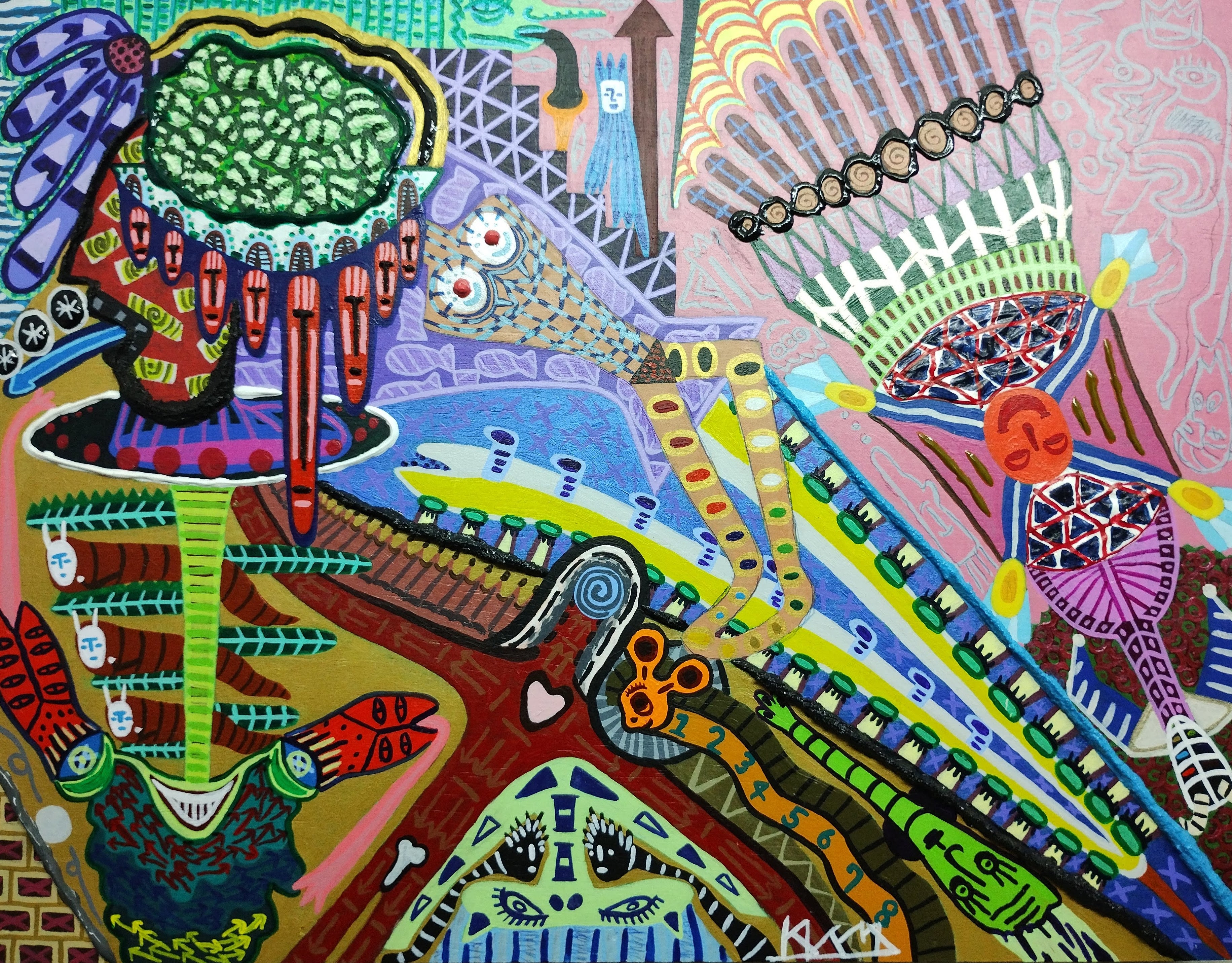 【真作】絵画　ミクストメディア8号　エネルギッシュな構図と立体装飾　　V195 真作】絵画 ミクストメディア8号 エネルギッシュな構図と立体装飾 V195